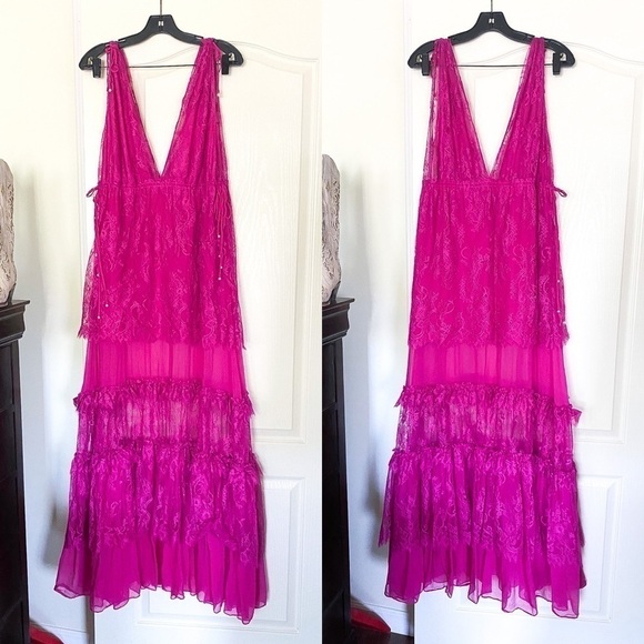 Alexis Dress Umbria Tiered Lace Tulle Silk Maxi Wedding Pink Fuchsia XS GUC - Picture 2 of 11